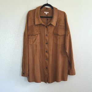 Camel faux-suede button down top, size 3X